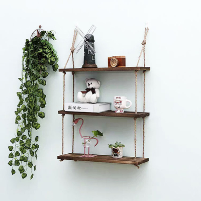 Hemp Minimalist Rope Shelf Macrame Wall Hanging Shelf Display Racks Floating Solid Wood Storage