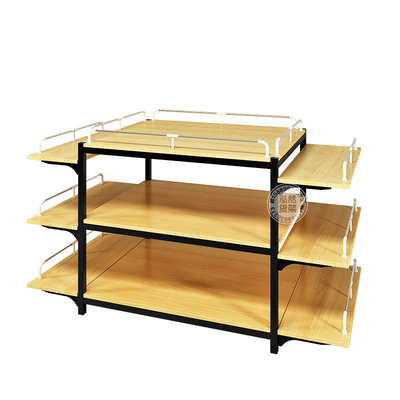 Miniso Style Steel-Wood Commercial Display Stand General Store Display Rack For Showing Food Drinks Use In Store Mall Grocery